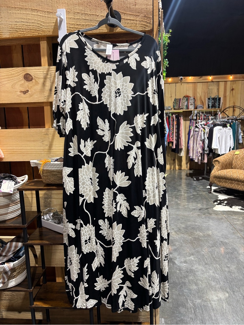 Black Floral Midi Dress with Ivory Blooms